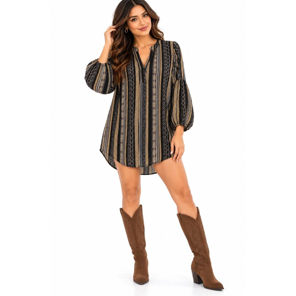 Umgee Women Black/Gold/Gray Geometric V-Neck Balloon Sleeve Woven Tunic Dress M